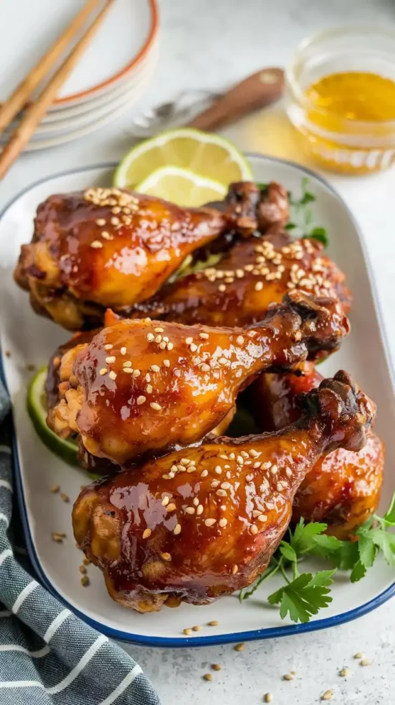 Honey garlic air fryer chicken legs, glistening with a sticky glaze, arranged on a white serving platter with sesame seeds sprinkled on top.