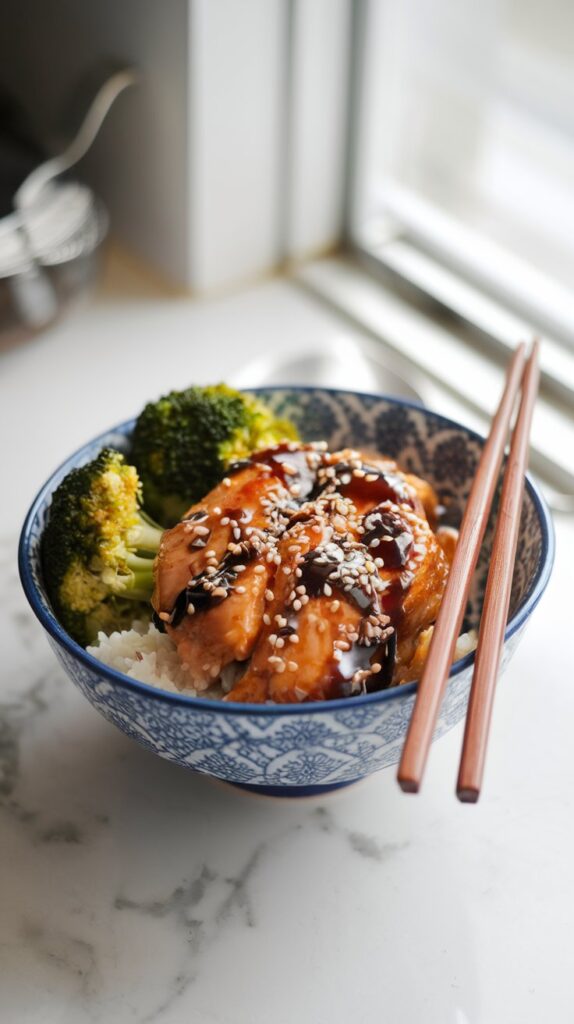 A glossy, sticky honey garlic chicken rice bowl with steamed broccoli, garnished with sesame seeds. Natural lighting, white marble counter.
