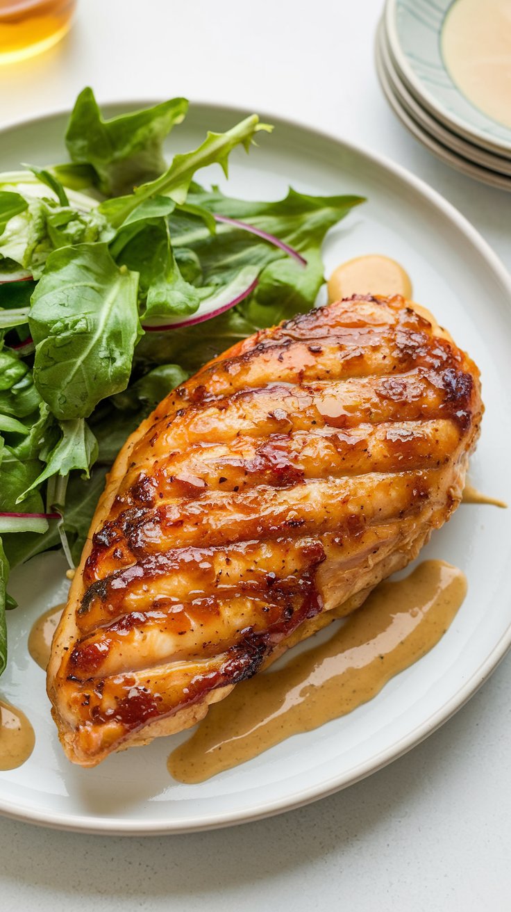 A caramelized honey mustard glazed chicken breast with a golden-brown exterior, served with a fresh green salad and a drizzle of honey mustard sauce on a white plate.