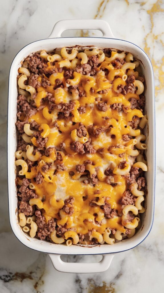 A rich and cheesy Johnny Marzetti pasta bake with elbow macaroni, ground beef, and melted cheddar cheese in a white casserole dish. The dish is placed on a white marble counter with hints of gold and gray, under natural lighting in a top-down blogger-style shot.