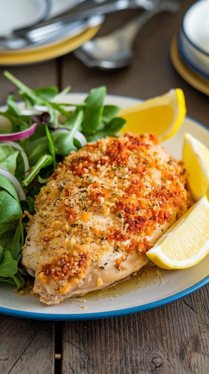 Keto Air Fryer Chicken Breast with Parmesan Crust A golden-crusted keto-friendly chicken breast coated in Parmesan and almond flour, served with a fresh green salad and lemon wedges on a rustic wooden table.