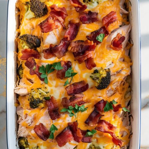 A white ceramic baking dish is filled with shredded rotisserie chicken, crispy bacon, and melted cheddar cheese, with broccoli florets visible throughout. Garnished with extra bacon bits and fresh parsley.