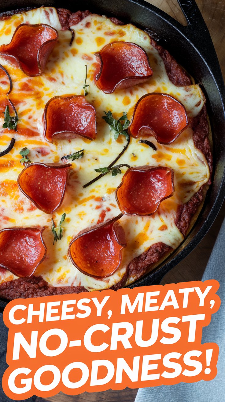 Keto Pizza Casserole Image of a bubbling keto pizza casserole in a cast iron dish with layers of cheese, sauce, and pepperoni.