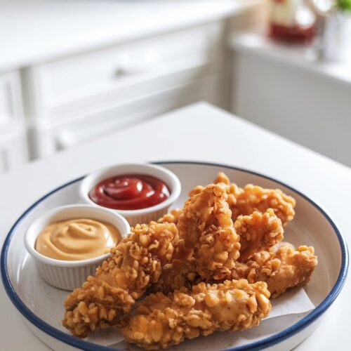 A plate of crispy golden chicken strips with a side of honey mustard and ketchup, arranged neatly on a white dish. The setting is a bright, family-friendly kitchen counter.
