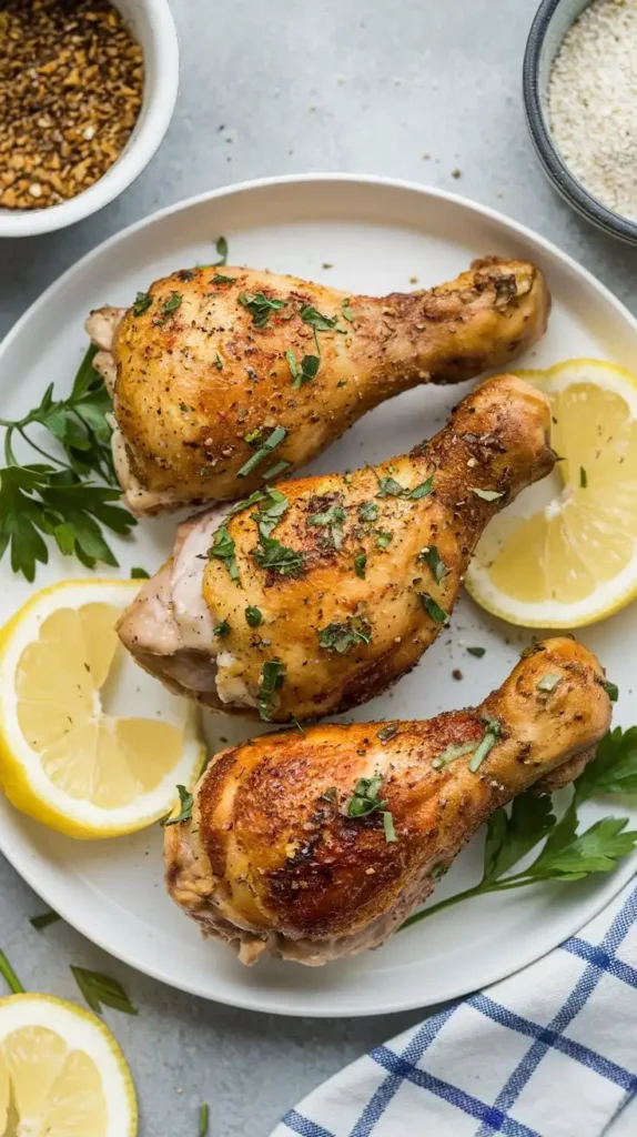 Lemon pepper air fryer chicken legs on a white plate with lemon wedges and a sprinkle of fresh parsley.