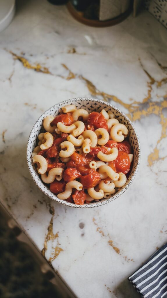 A comforting bowl of Southern-style Macaroni and Tomatoes, featuring tender elbow macaroni mixed with stewed tomatoes and butter. The bowl sits on a white marble counter with hints of gold and gray, under natural lighting in a top-down blogger-style shot.
