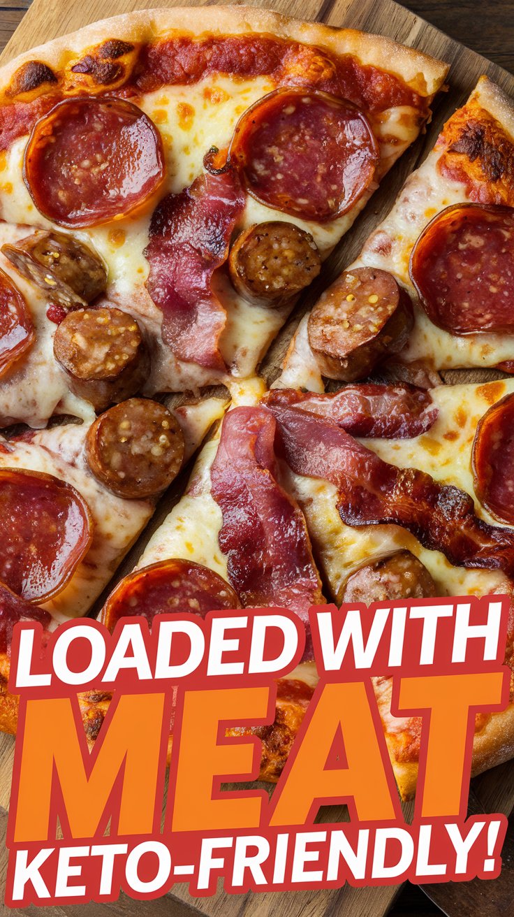 Meat Lovers Keto Pizza Image of a keto meat lovers pizza with crispy pepperoni, sausage, bacon, and cheese, served on a wooden board.
