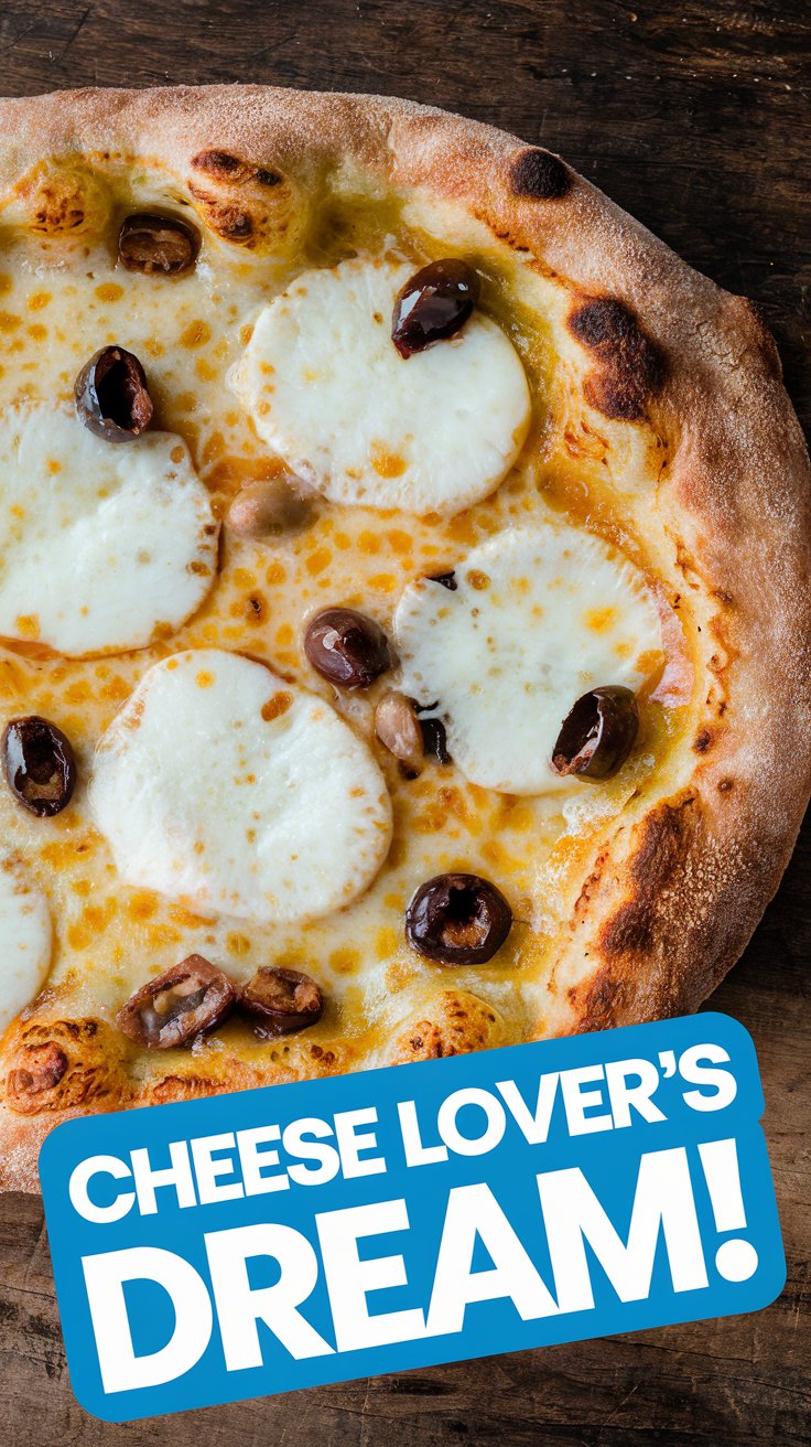 Parmesan Crusted Keto Pizza Image of a thin, crispy parmesan cheese crust pizza topped with gooey mozzarella and olives.