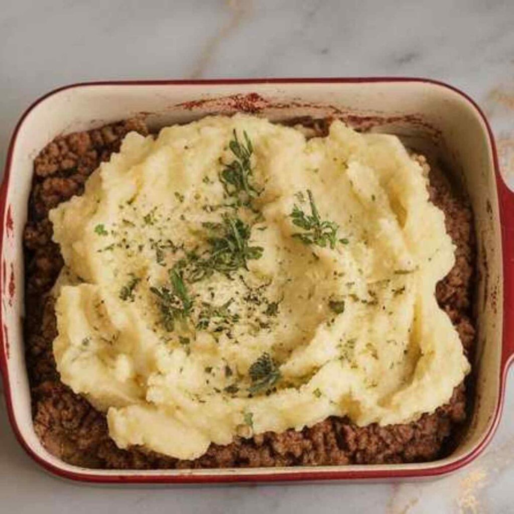 shepherds pie with ground beef and mashed potatoes on top in red baking dish