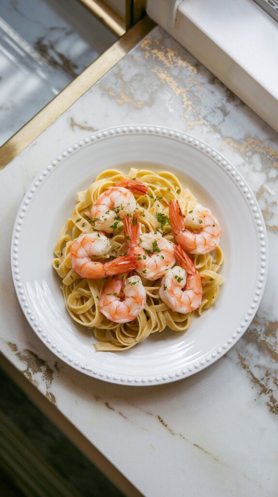 A fresh and flavorful Shrimp Scampi Linguine with plump shrimp, garlic butter sauce, and a sprinkle of chopped parsley, served on a white plate. The plate is set on a white marble counter with hints of gold and gray, under natural lighting in a top-down blogger-style shot.
