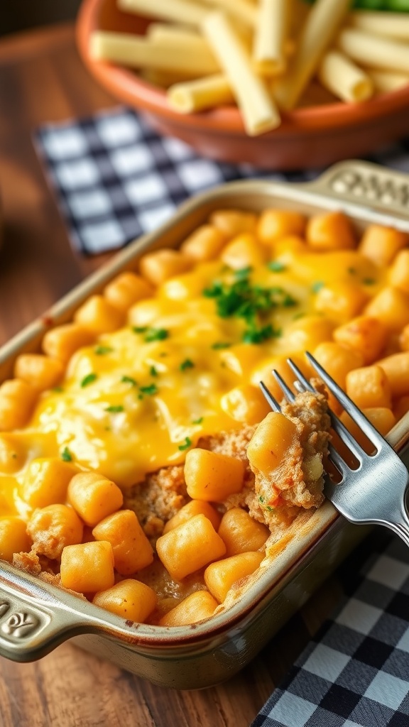casserole dish filled with creamy cheese with tater tots