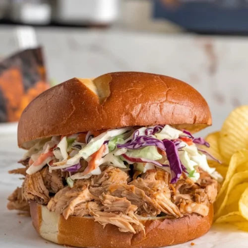 A sandwich made with slow-cooked BBQ pulled chicken, topped with coleslaw, served on a toasted brioche bun, with a side of potato chips on a white marble counter.