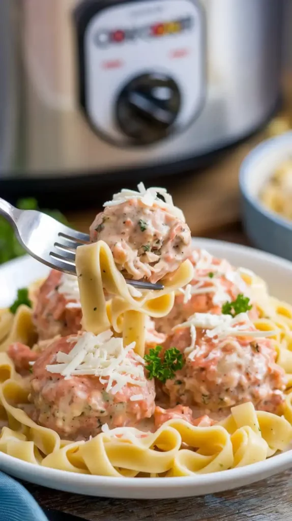 Juicy chicken meatballs coated in creamy Alfredo sauce, served over fettuccine, topped with shredded mozzarella and parsley. A cozy presentation with a fork twirling the pasta.
