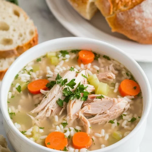A steaming bowl of slow cooker chicken and rice soup, with shredded chicken, carrots, and celery, garnished with chopped parsley and served with crusty bread on a white marble counter.