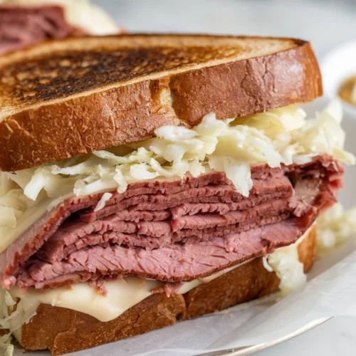 A close-up of a Reuben sandwich with corned beef, melted Swiss cheese, and sauerkraut on toasted rye bread. White marble counter with hints of gold and gray.