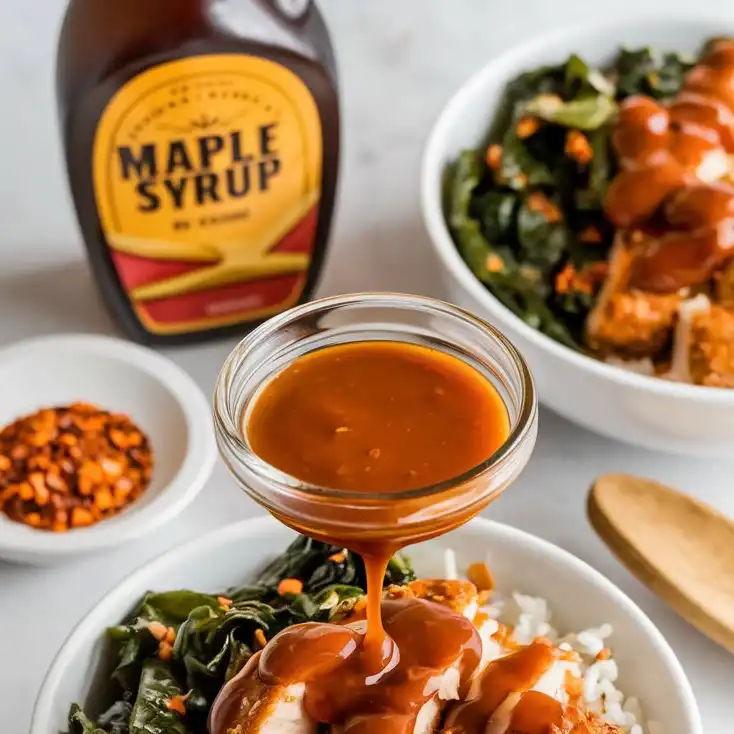 A golden, glossy maple chili sauce in a small glass bowl, surrounded by a bottle of maple syrup, red pepper flakes, and a wooden spoon.