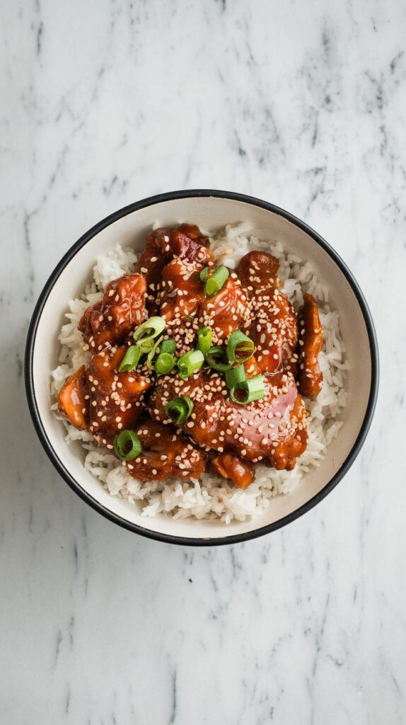 A rich and glossy sticky chicken rice bowl with hoisin sauce glaze, served over jasmine rice with sesame seeds and scallions. Top-down blogger-style shot, white marble counter.