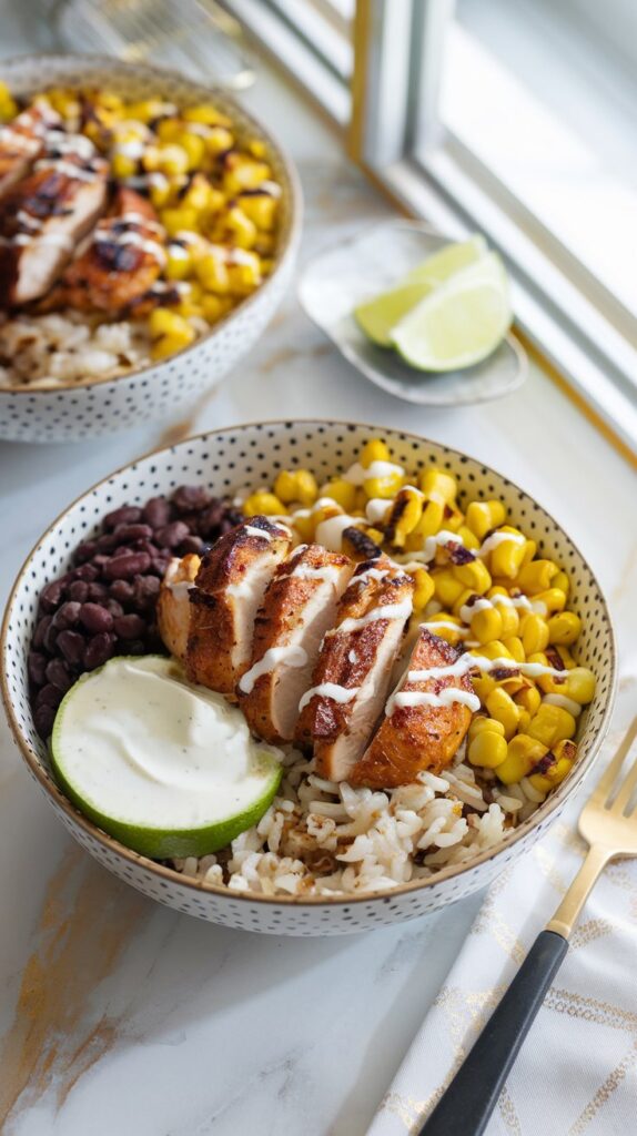 A vibrant, smoky chipotle chicken rice bowl with grilled corn, black beans, and lime crema drizzle. Natural lighting, white marble counter with hints of gold and gray.