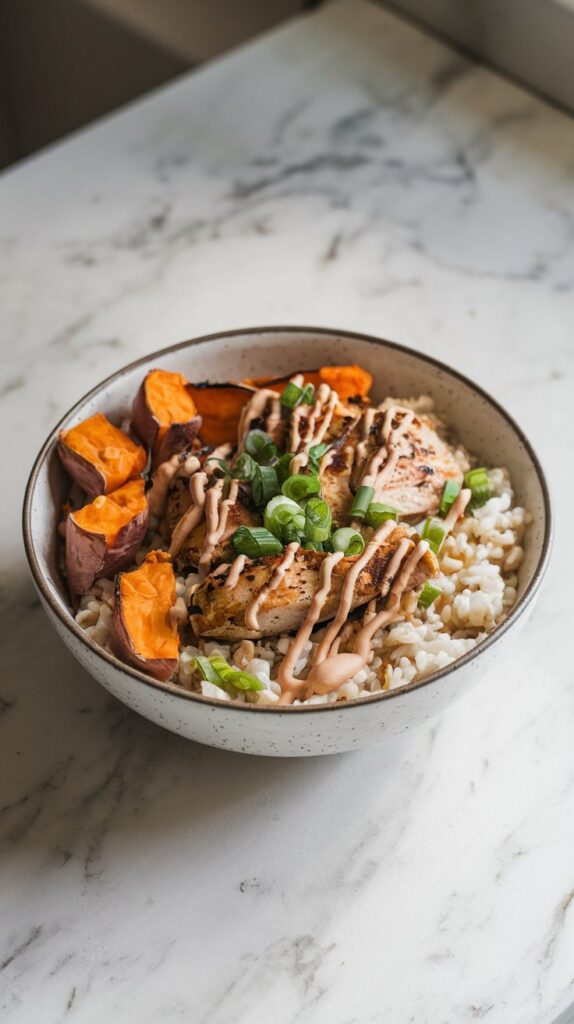 A nourishing rice bowl with golden roasted sweet potatoes and grilled chicken pieces, garnished with green onions and a drizzle of tahini sauce. White marble counter, soft lighting.