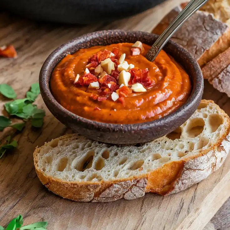 A thick and smoky red romesco sauce in a small rustic bowl, garnished with crushed almonds and smoked paprika. A spoonful of sauce is placed on a piece of crusty bread,