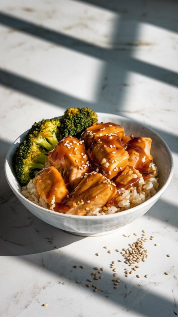 A glossy teriyaki chicken rice bowl with sesame seeds and steamed broccoli, drizzled with extra sauce. White marble counter, soft shadows.