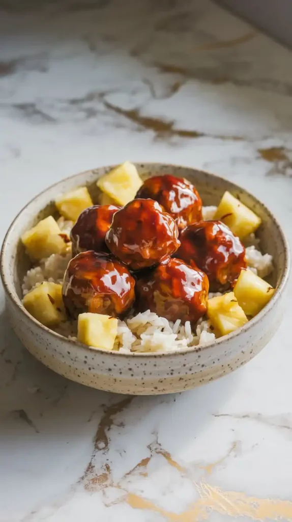 A bowl of glossy teriyaki meatballs coated in a rich, dark sauce, garnished with sesame seeds and green onions, with chunks of pineapple scattered around. Served over fluffy white rice in a ceramic bowl, set on a white marble countertop with hints of gold and gray, under soft natural lighting.
