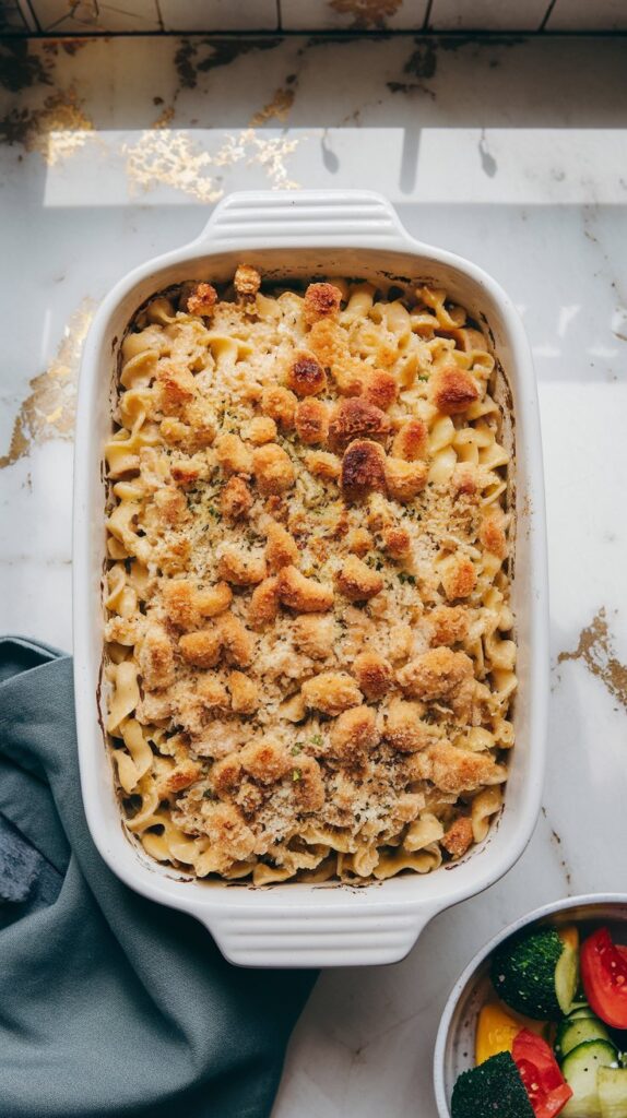 A close-up of a creamy tuna noodle casserole with golden brown breadcrumbs on top, served in a white ceramic baking dish. The dish sits on a white marble counter with hints of gold and gray, under natural lighting with soft shadows, taken in a top-down blogger-style shot.