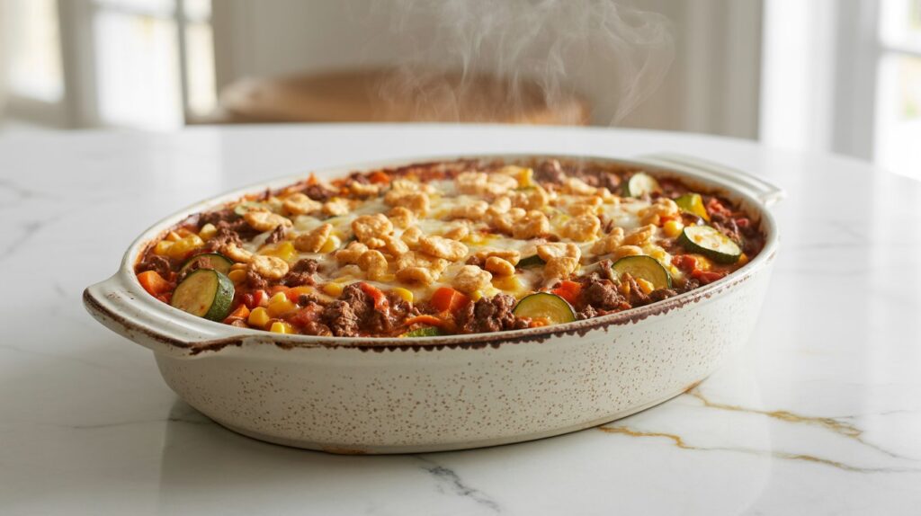 A white oval ceramic dish filled with vegetables backed with beef and cheesy topping