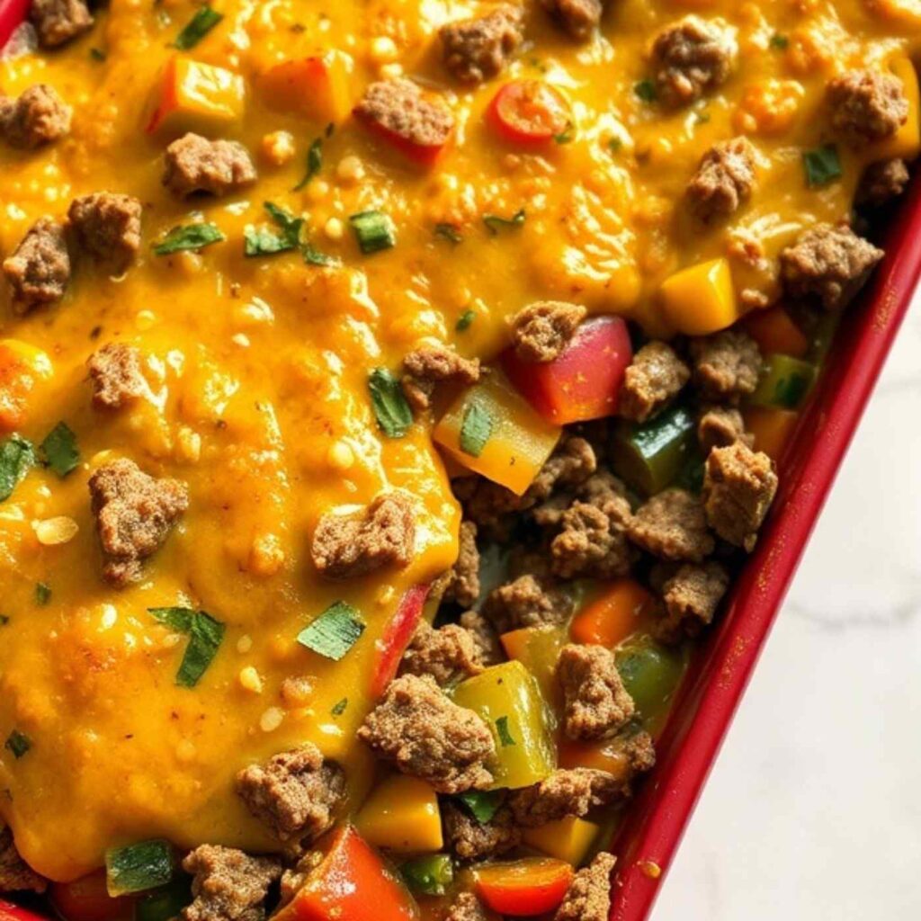 cooked vegetables and ground beef in a red baking dish topped with melted cheese
