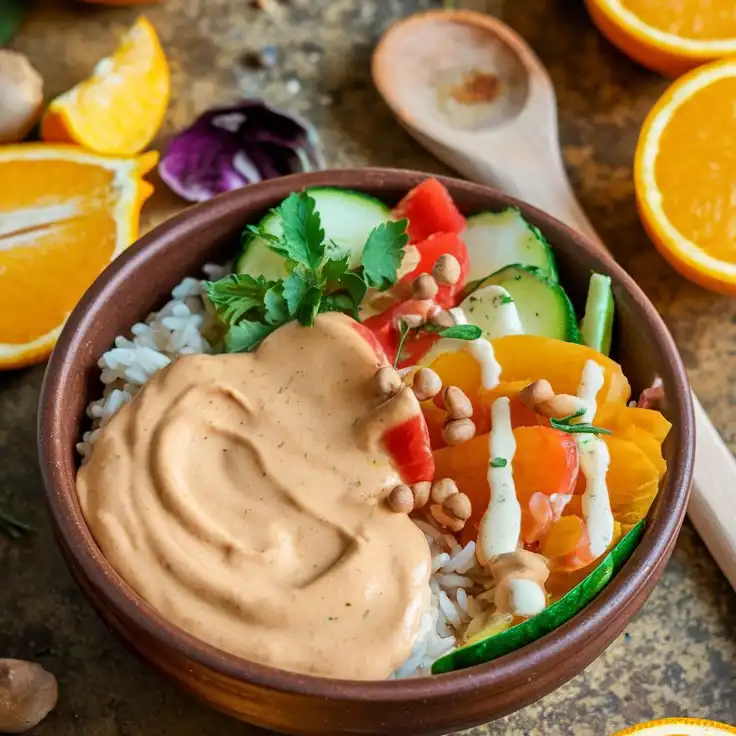 A vibrant bowl of orange tahini sauce in a small ceramic dish, surrounded by fresh oranges, a wooden spoon, and a rustic kitchen background.