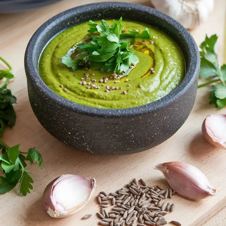 A bright green zhoug sauce in a stoneware bowl, topped with a drizzle of olive oil and fresh parsley. Surrounded by garlic cloves,