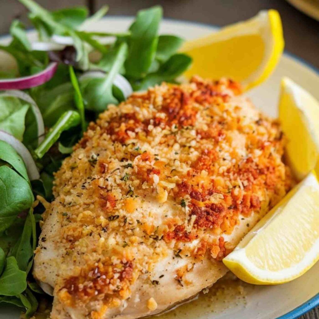 A golden-crusted keto-friendly chicken breast coated in Parmesan and almond flour, served with a fresh green salad and lemon wedges on a rustic wooden table.