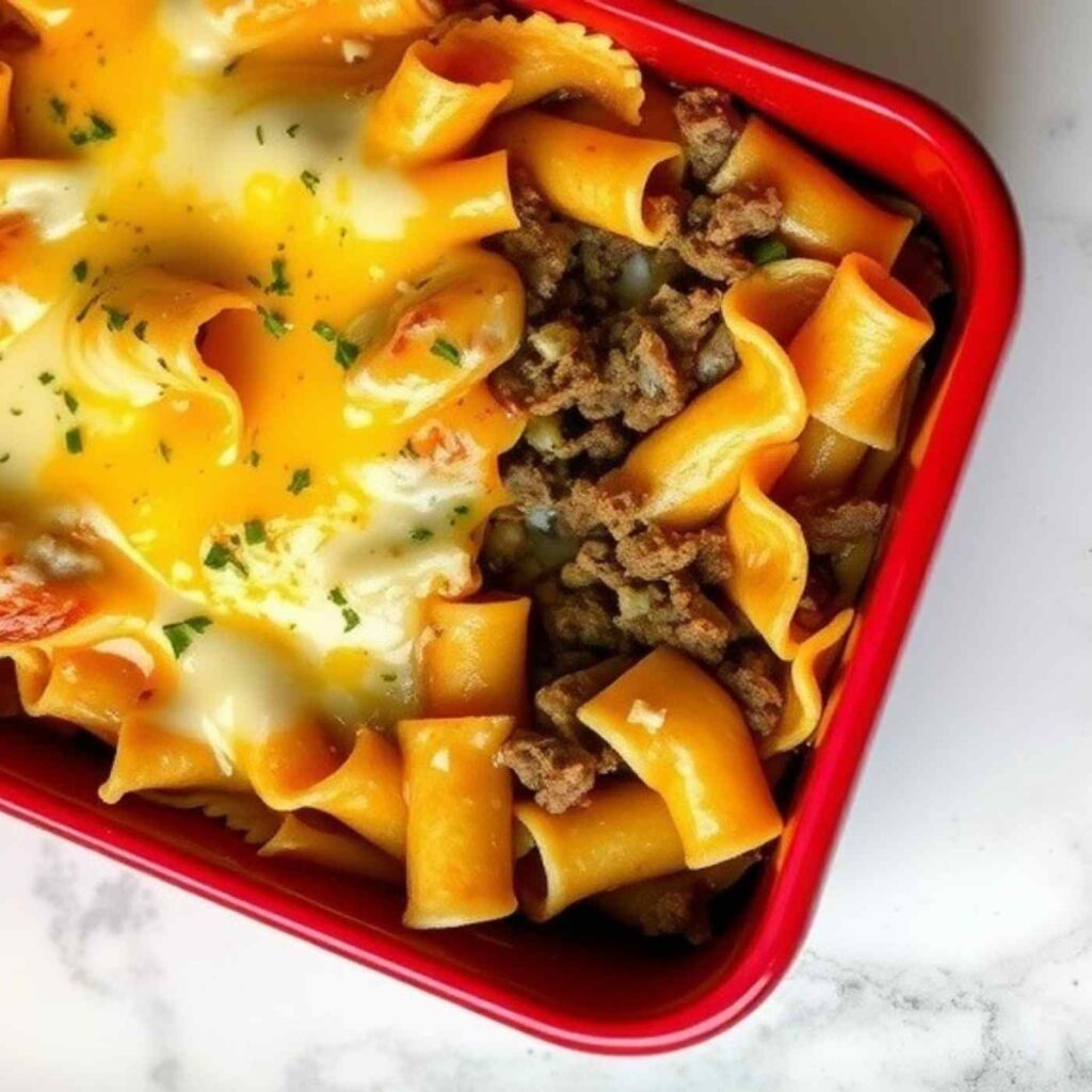 beef casserole comprised of ground beef, pasta, and melty cheese in a rectangular red baking dish