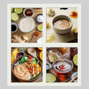 4 photos of different buddha bowl sauces each one surrounded by their ingredients, one sauce is white, one is tan, one is orange and the other deep amber