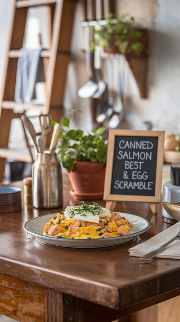 Scrambled eggs and salmon, topped with herbs and cheese, served on a polished wooden table with rustic kitchen elements. The text "Canned Salmon Best Salmon & Egg Scramble" appears in a cozy, warm setting ideal for an inviting breakfast atmosphere.