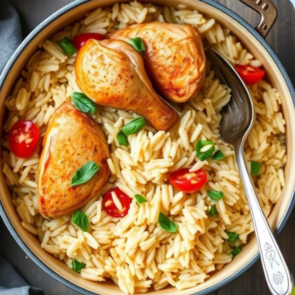 closeup of chicken thighs on top of rice garnished with tomatoes and cilantro in a round pan