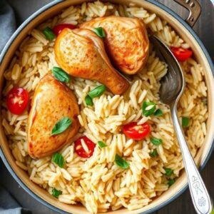 closeup of chicken thighs on top of rice garnished with tomatoes and cilantro in a round pan