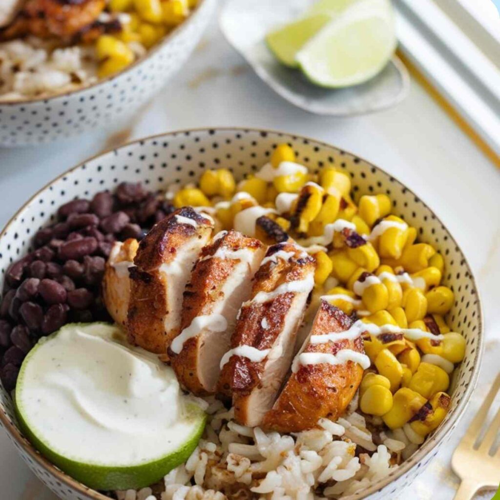 chicken rice bowl, A top-down blogger-style shot of a crispy, golden-brown chicken katsu sliced into strips, drizzled with tonkatsu sauce, and served over fluffy white rice with shredded cabbage. Natural lighting, white marble counter with hints of gold and gray.