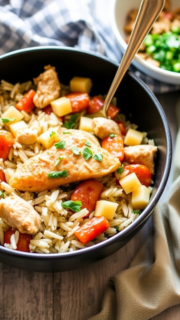 bowl of chicken and rice mixed with vegetables