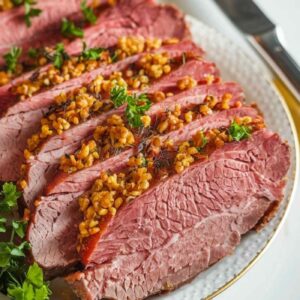 A plate of corned beef surrounded by potatoes, carrots and cabbage.