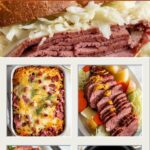 Pinterest pin showing 5 different corned beef recipes on a collage format with text "5 Easy Corned Beef Recipes: