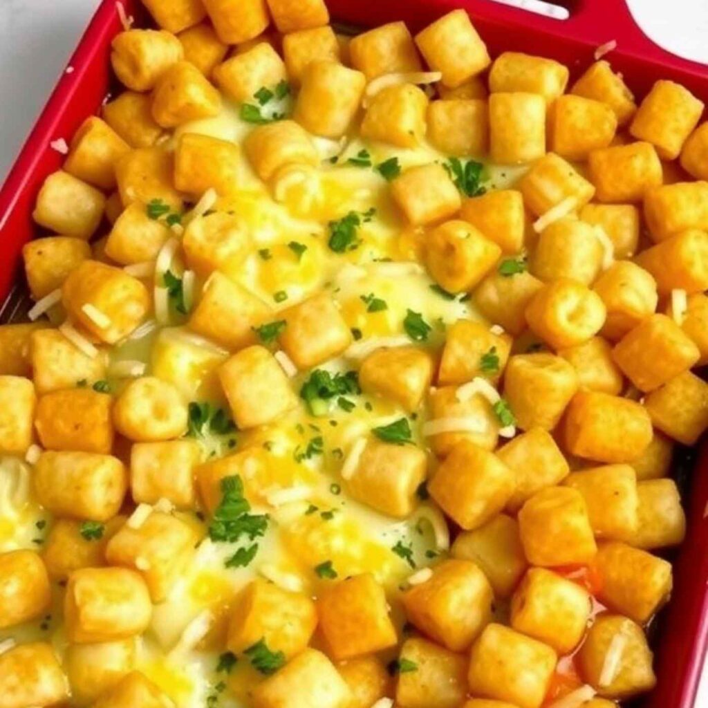 casserole dish filled with creamy cheese with tater tots