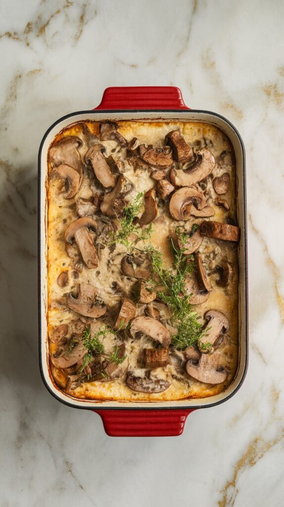 mushrooms in sauce in a red baking dish