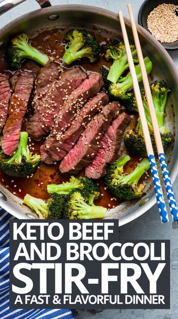 A sizzling pan of keto beef and broccoli stir-fry, coated in a savory sauce. Served on a plate with chopsticks and a side of sesame seeds. Large, bold text overlay: 'Keto Beef and Broccoli Stir-Fry - A Fast & Flavorful Dinner'