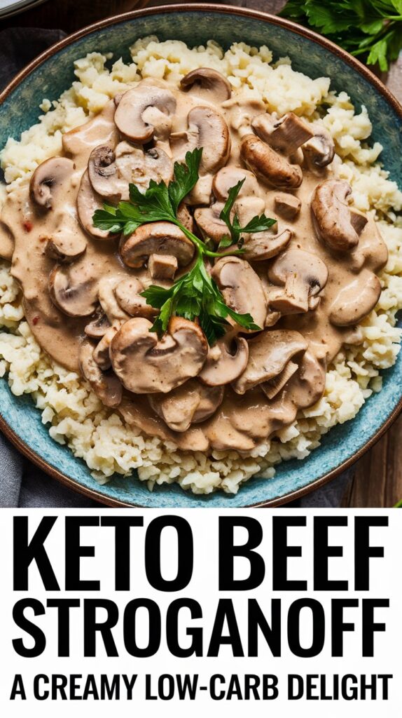 A rustic plate of creamy keto beef stroganoff with mushrooms, garnished with fresh parsley. The sauce is rich and velvety, served over a bed of cauliflower rice. Large, bold text overlay: 'Keto Beef Stroganoff - A Creamy Low-Carb Delight'