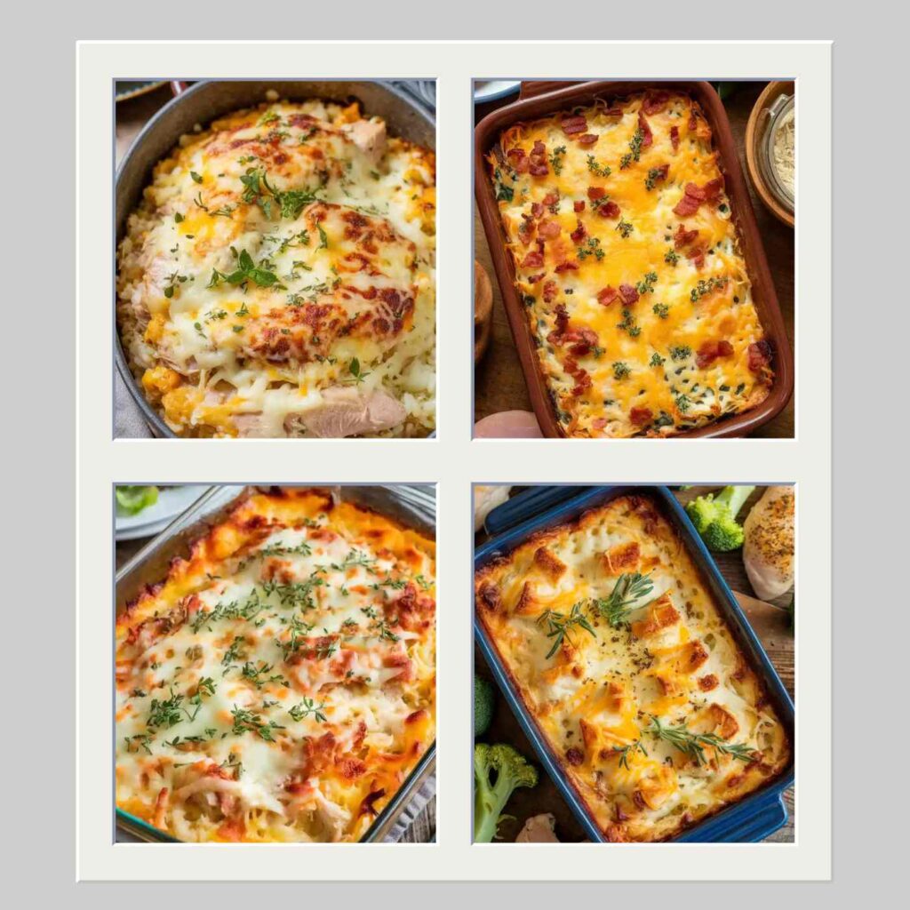 Image of 4 keto chicken casseroles within a larger square. All have melted cheese on top.