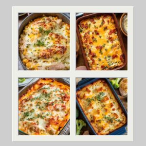 Image of 4 keto chicken casseroles within a larger square. All have melted cheese on top.