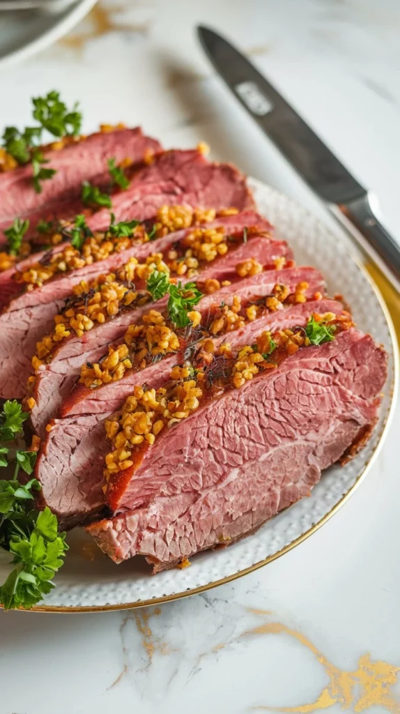 A close-up of golden, roasted corned beef slices with a crispy garlic butter crust, garnished with fresh parsley. Served on a white plate with a knife beside it. White marble counter with hints of gold and gray.