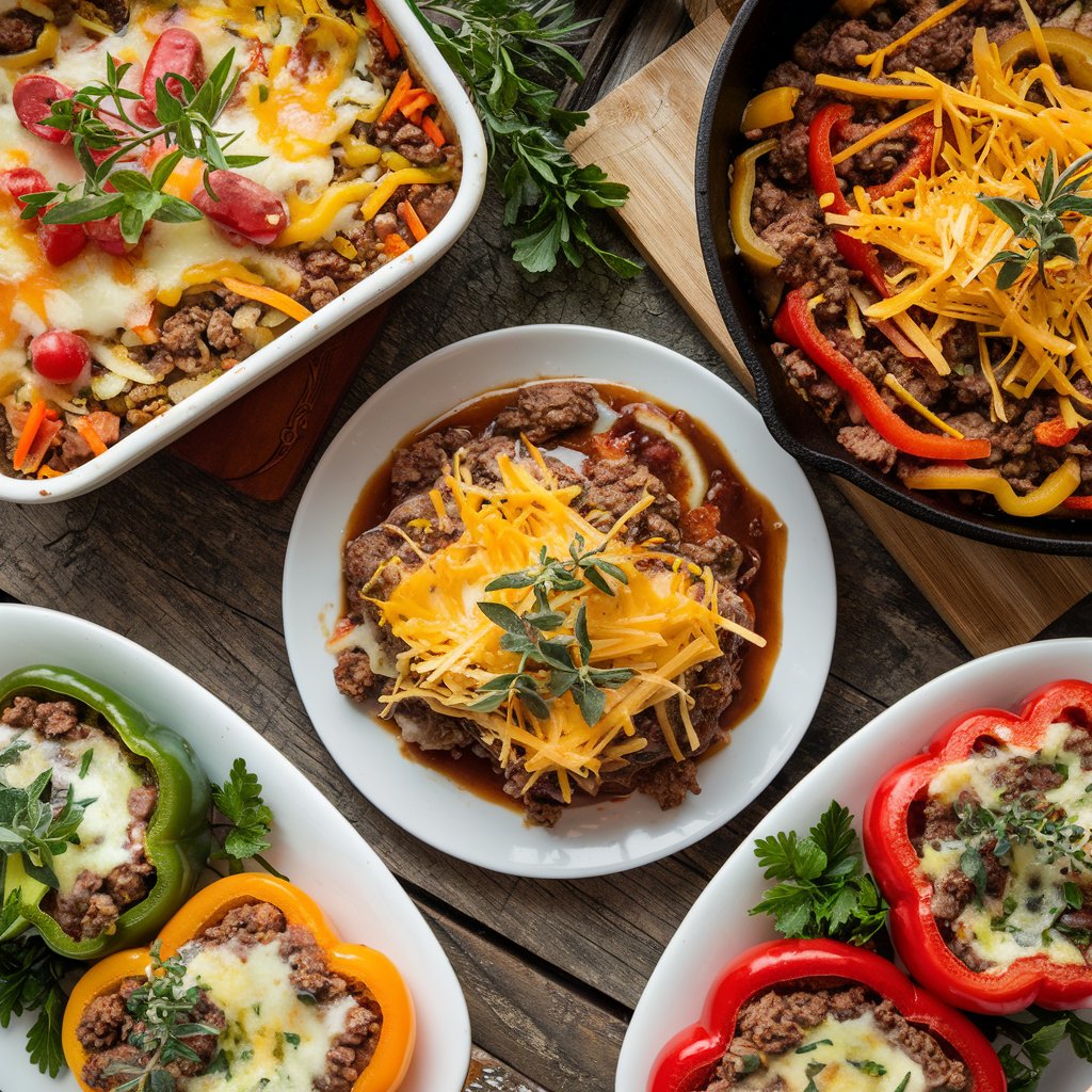 A top-down view of a variety of keto ground beef dishes arranged on a rustic wooden table, including cheesy casseroles, skillet meals, and stuffed peppers. Each dish is plated beautifully with fresh garnishes.