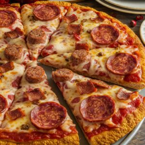Closeup of a keto pizza with curled pepperoni, chopped crispy bacon and sausages on a melted cheesy cauliflour crust.